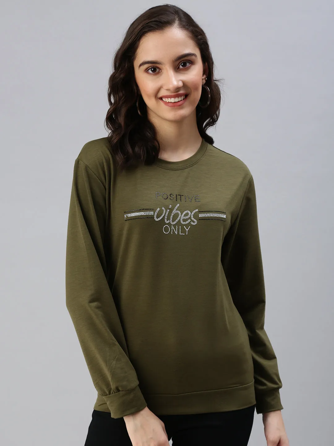 Budget Women's Olive Round Neck Cotton Typography Sweatshirt