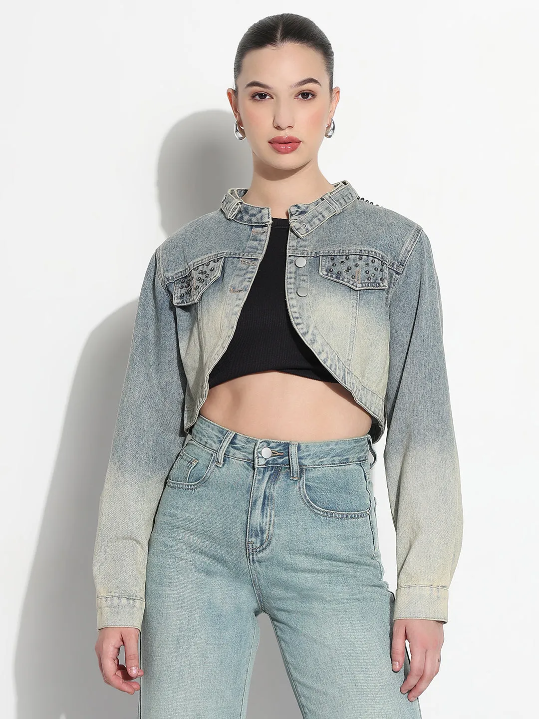 DoubleLayeredEdges Women's Ombre Blue Mandarin Collar Relaxed Fit Crop Denim Jacket