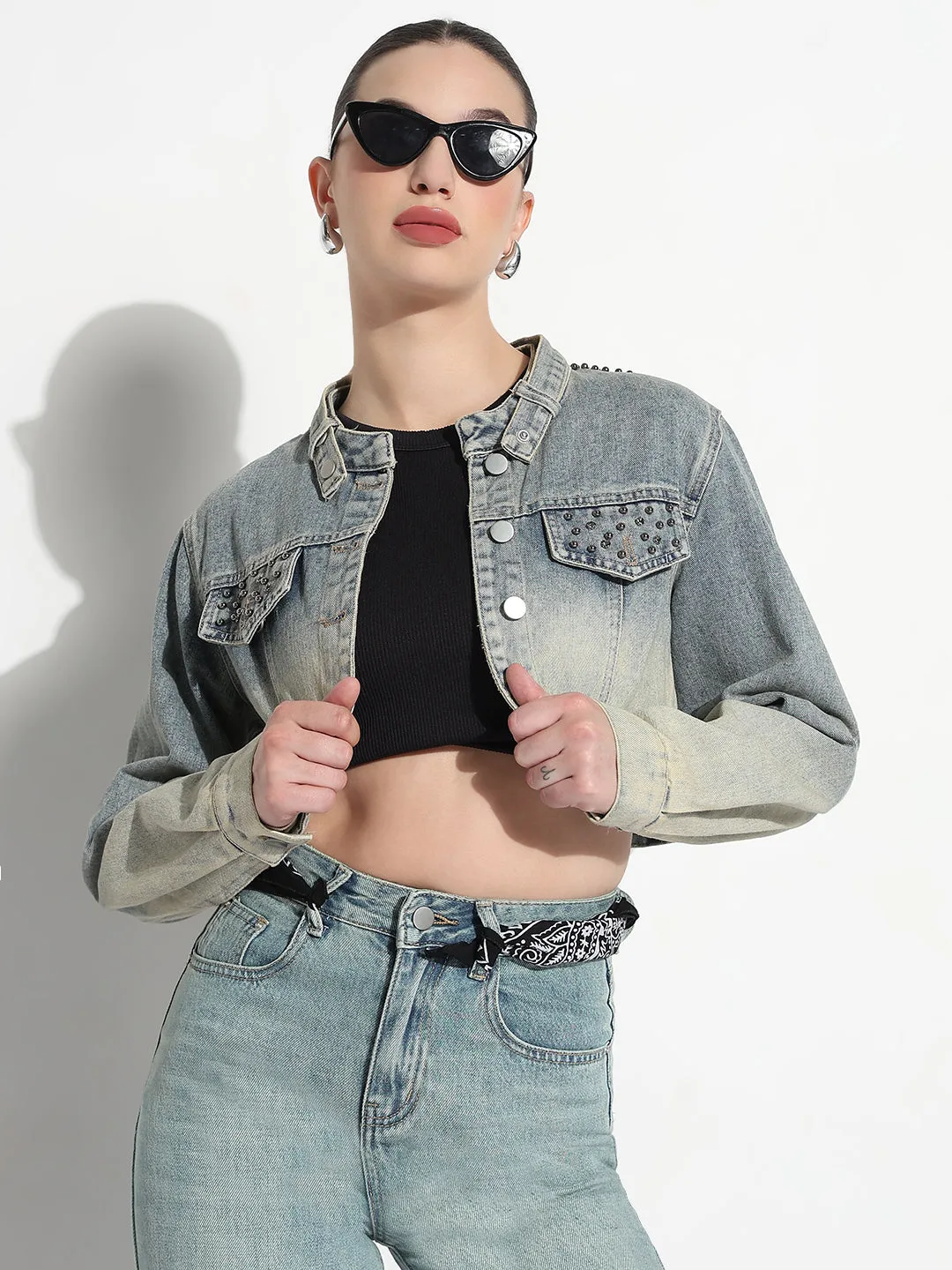 Women's Ombre Blue Mandarin Collar Relaxed Fit Crop Denim Jacket Trail To Town Casual Street Style