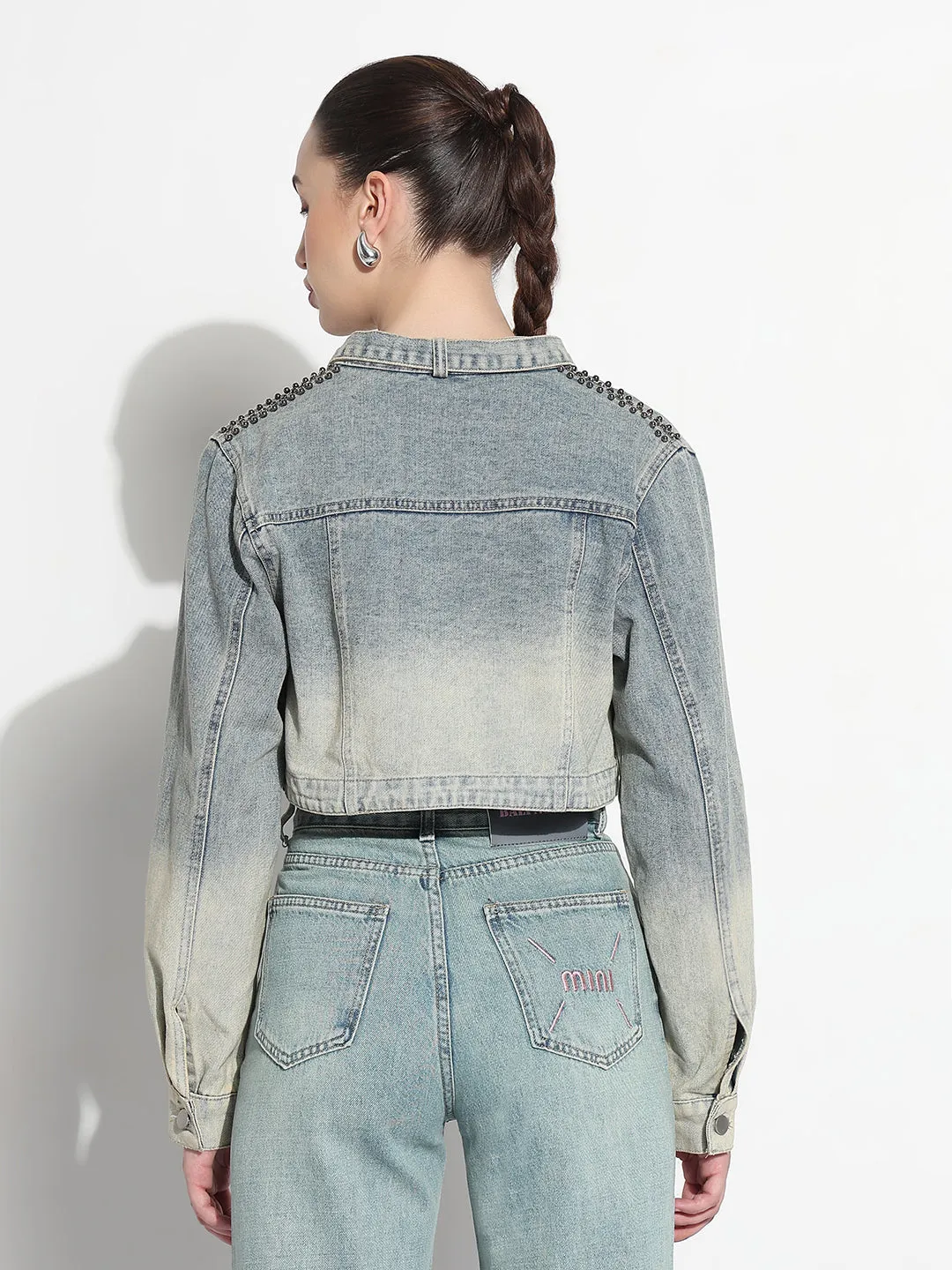 InterchangeableLining SeamSealed Edges Women's Ombre Blue Mandarin Collar Relaxed Fit Crop Denim Jacket