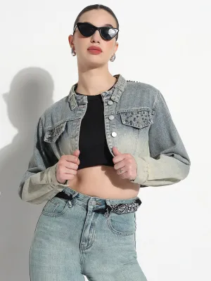 Women's Ombre Blue Mandarin Collar Relaxed Fit Crop Denim Jacket Trail To Town Casual Street Style