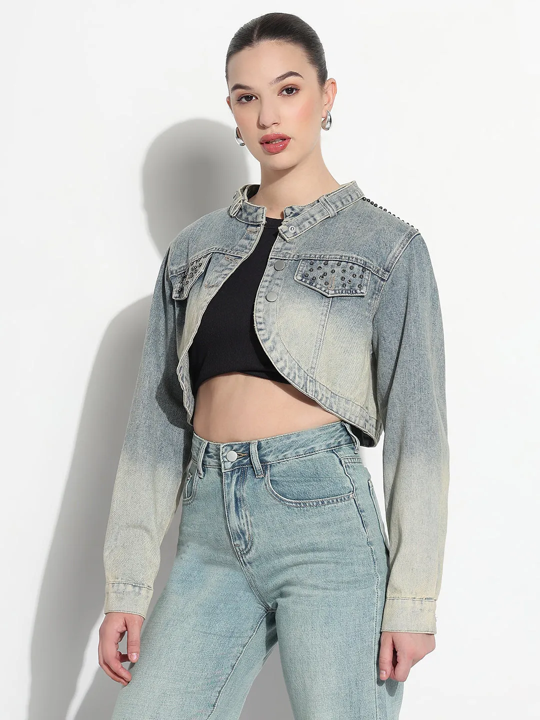 WaterResistantFabric Flatlock stitching Women's Ombre Blue Mandarin Collar Relaxed Fit Crop Denim Jacket