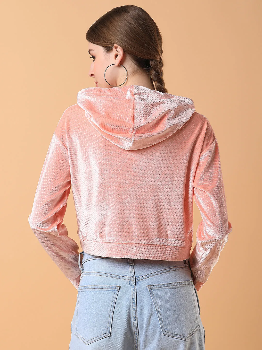 Women's Peach Solid Casual Hoodie Chill Vibes Checkered