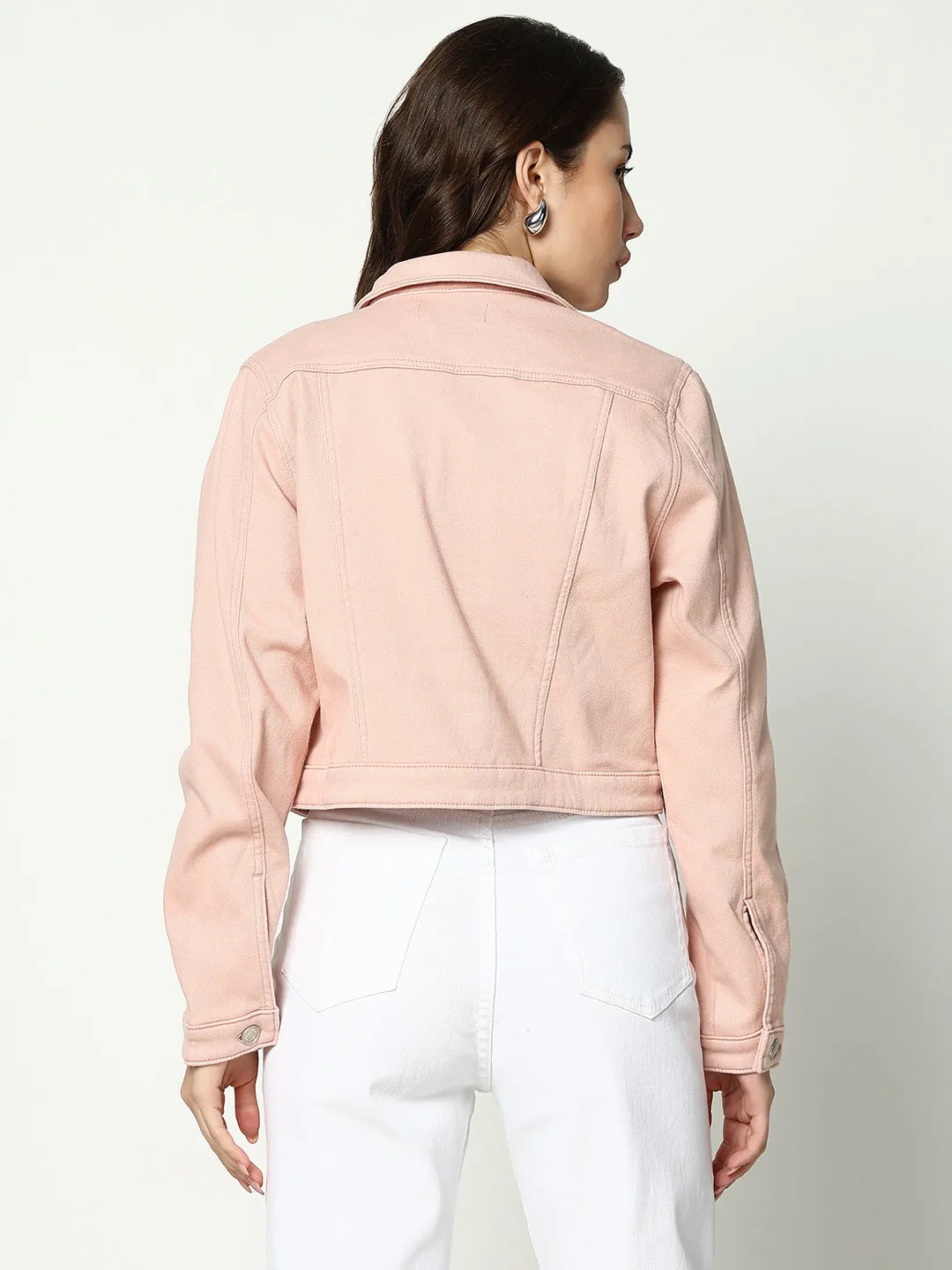 Women's Peach Spread Collar Crop Denim Jacket Reflective Zippers