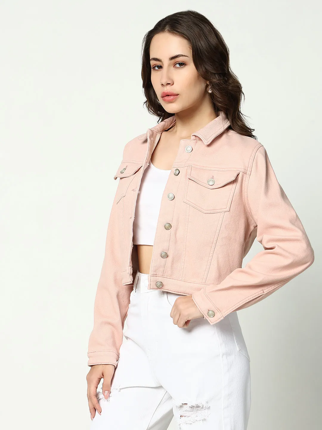 Light Reflectivity Trim Women's Peach Spread Collar Crop Denim Jacket