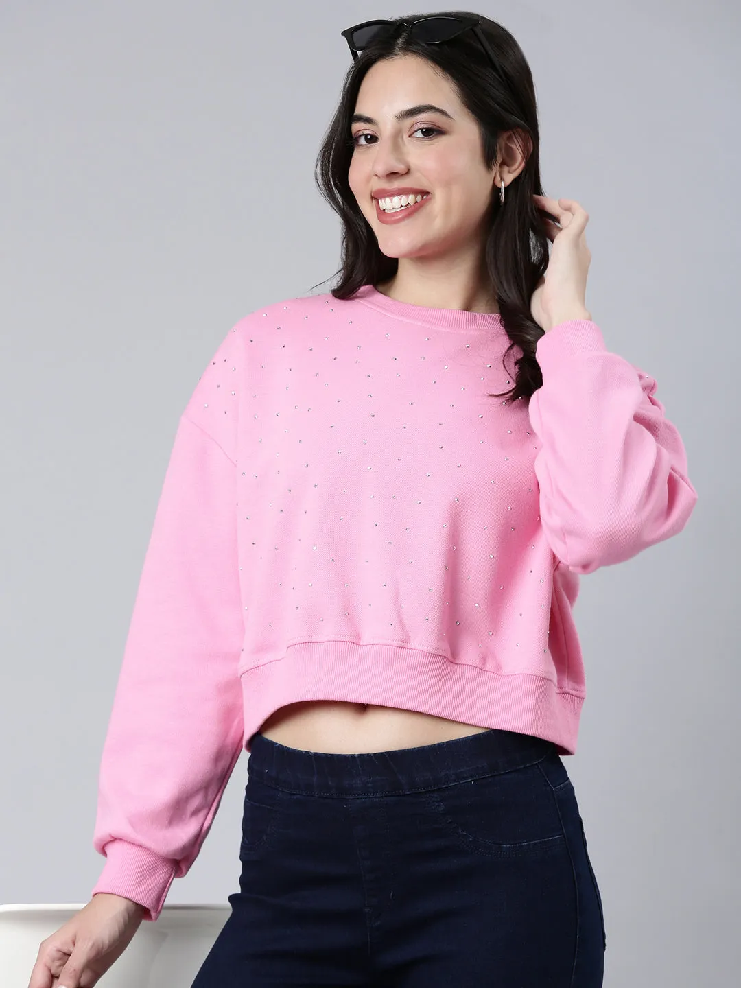 Women's Pink Embellished Round Neck Long Sleeves Cotton Crop Pullover Sweatshirt Street-Ready Wear Youthful Vibe