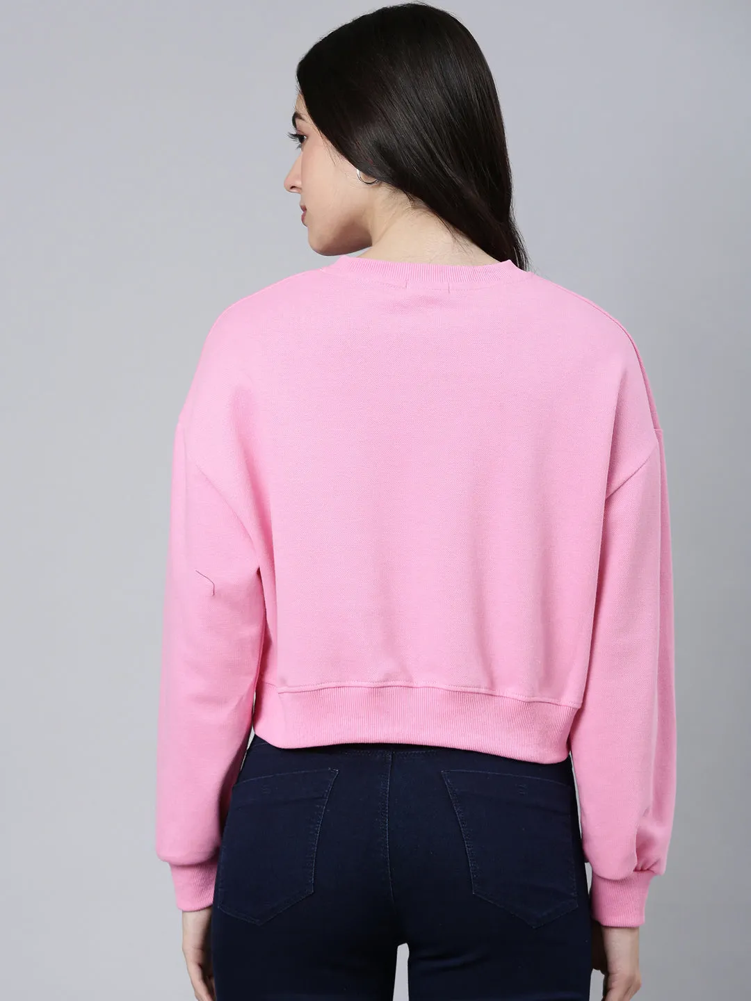 Women's Pink Embellished Round Neck Long Sleeves Cotton Crop Pullover Sweatshirt Practical clothing