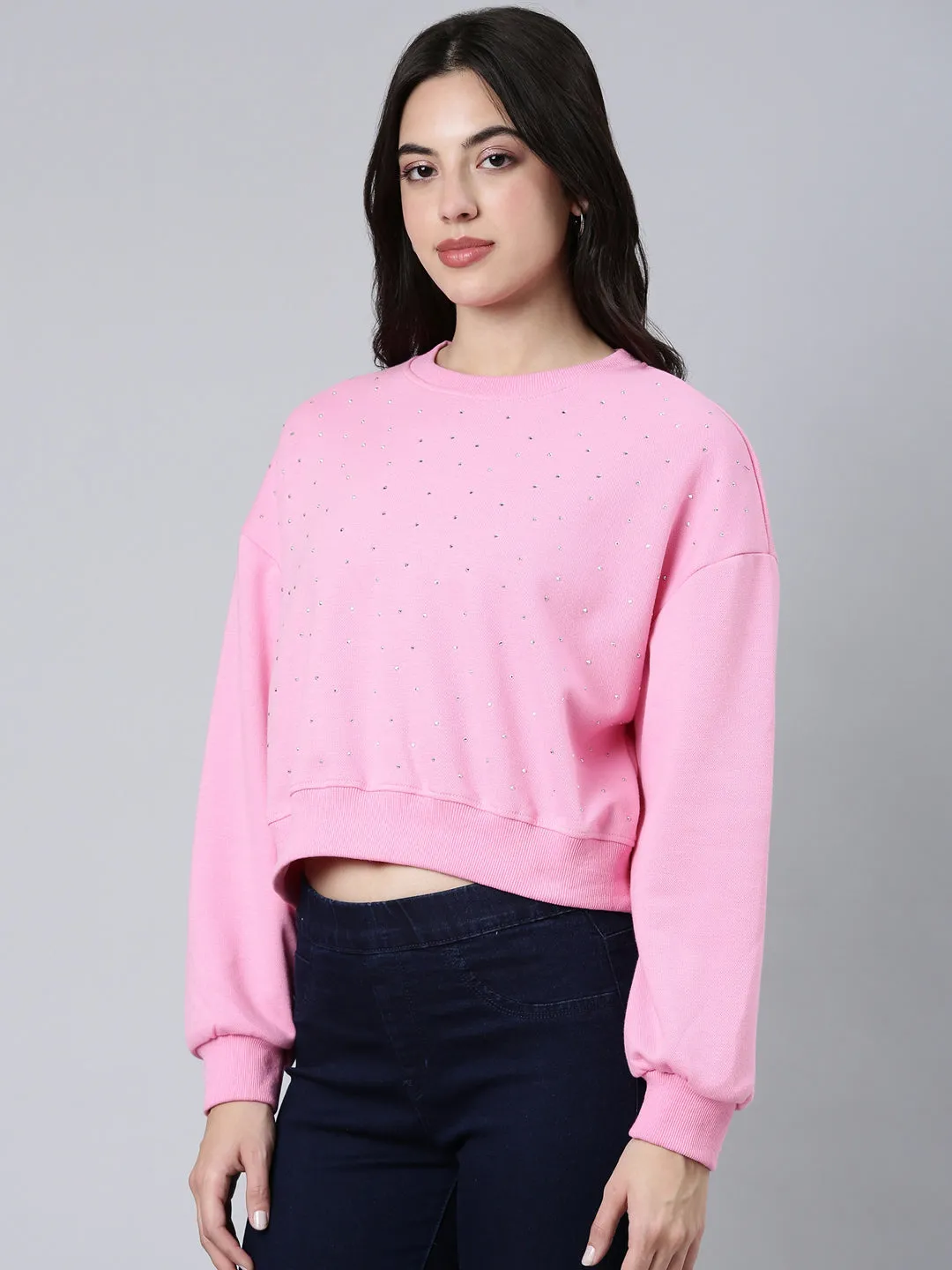 Women's Pink Embellished Round Neck Long Sleeves Cotton Crop Pullover Sweatshirt Active Wear Look
