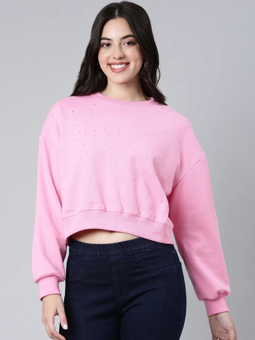 Minimalist Look Women's Pink Embellished Round Neck Long Sleeves Cotton Crop Pullover Sweatshirt