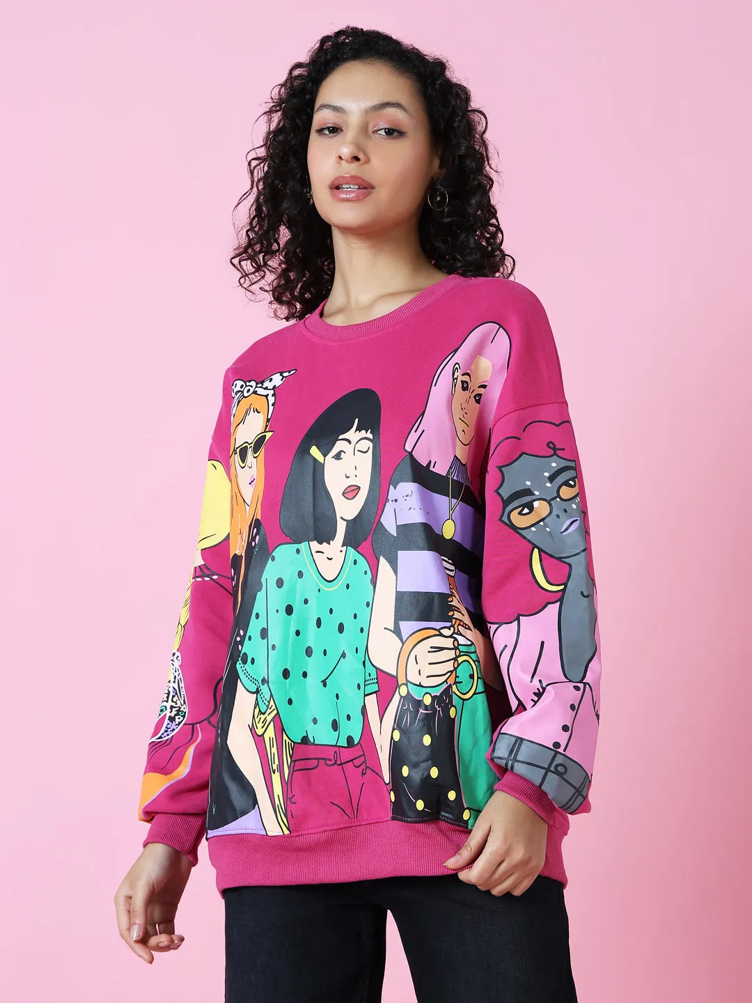 Women's Pink Printed Sweatshirt Athletic Cut