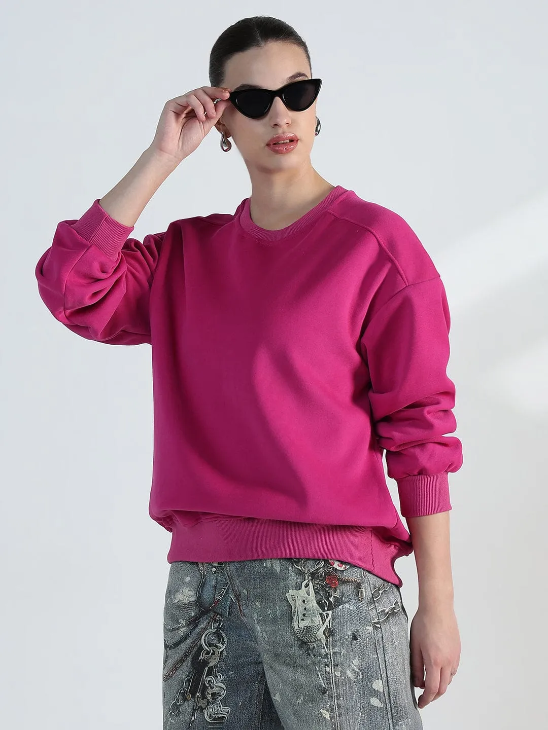 Women's Pink Round Neck Oversized Sweatshirt Timeless Fashion Quilted Lining