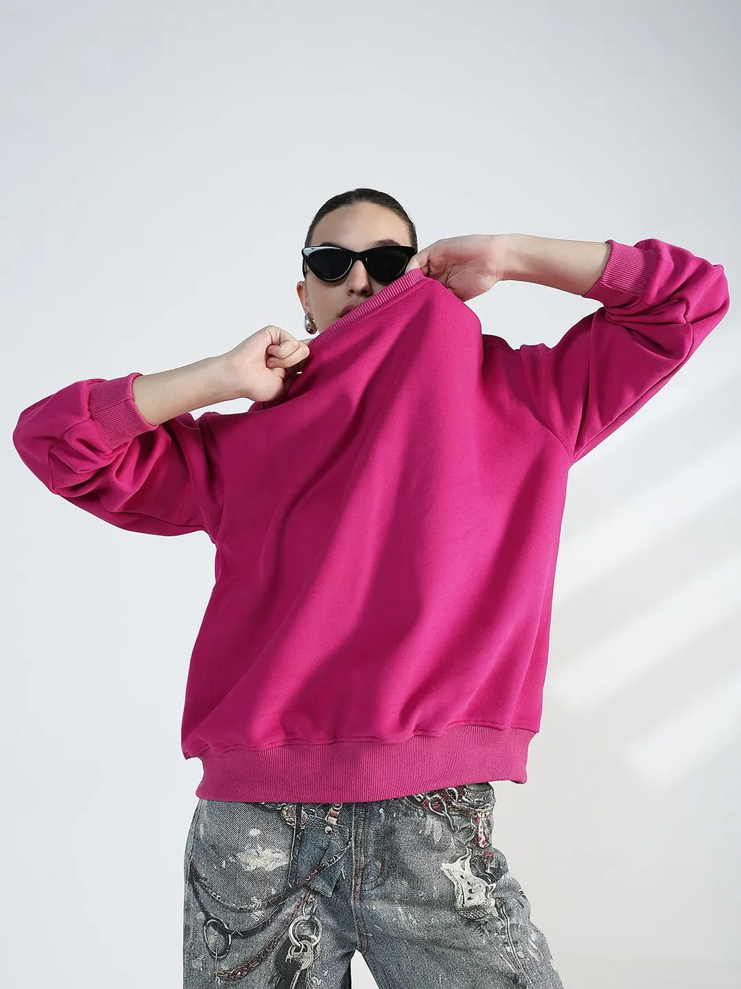 Semi Formal product rhinestone glamour Women's Pink Round Neck Oversized Sweatshirt