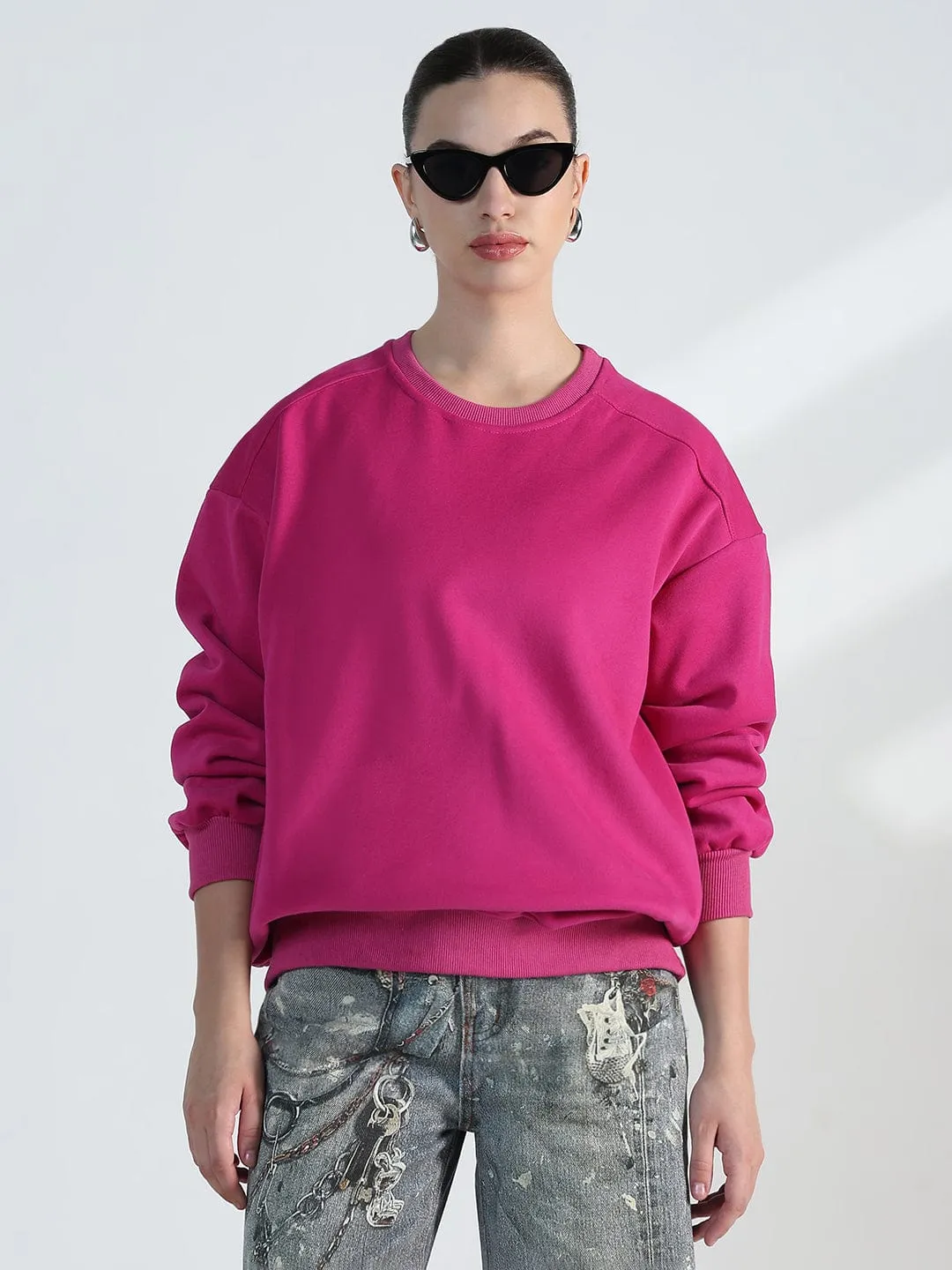 Women's Pink Round Neck Oversized Sweatshirt Smart Fashion
