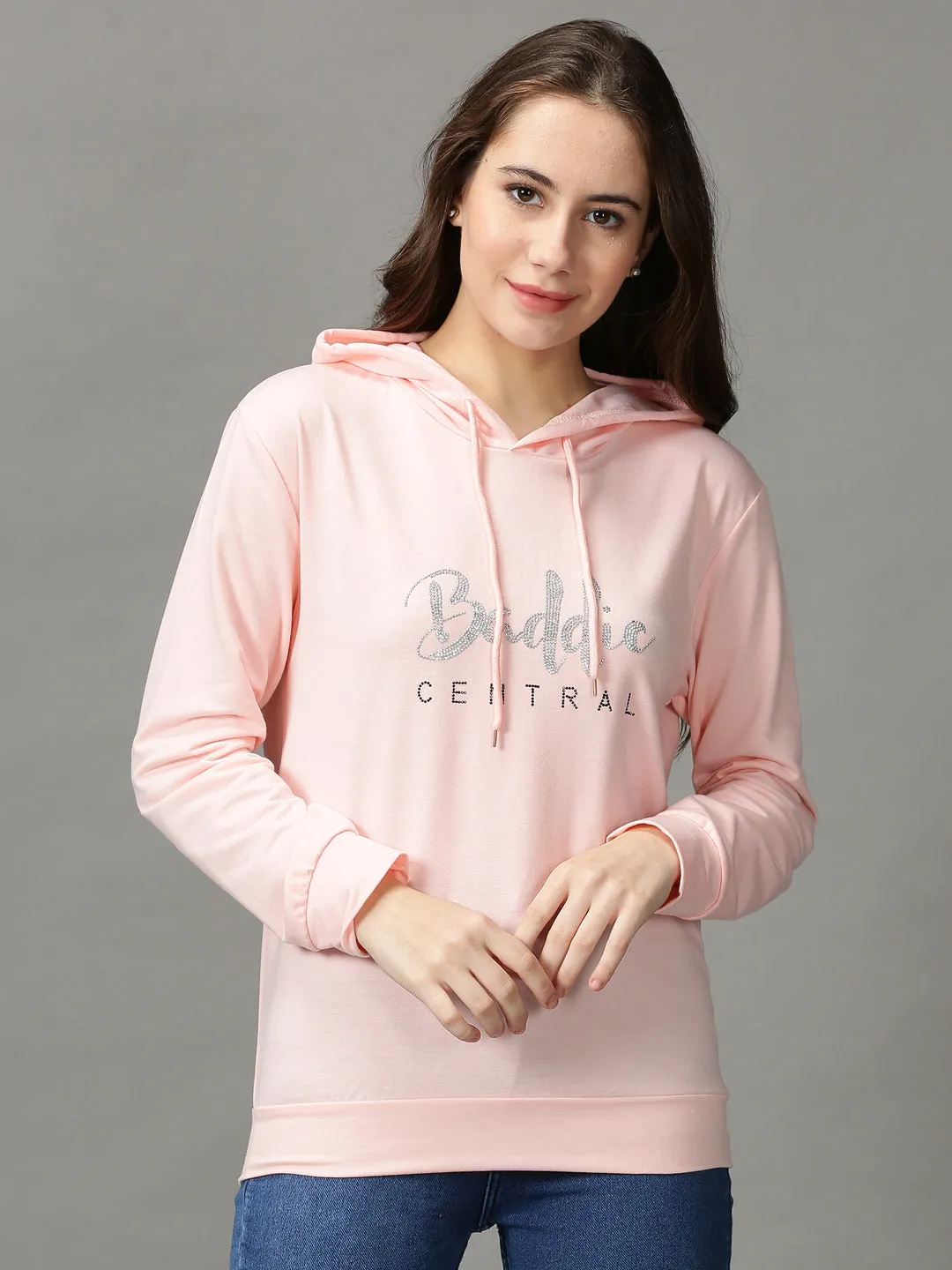 Spring Wear Women's Pink Typography Embellished Hooded Pullover Sweatshirt