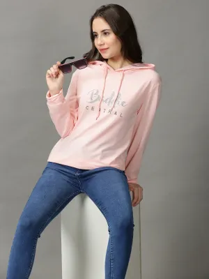 Women's Pink Typography Embellished Hooded Pullover Sweatshirt Urban Comfort Comfortable Design