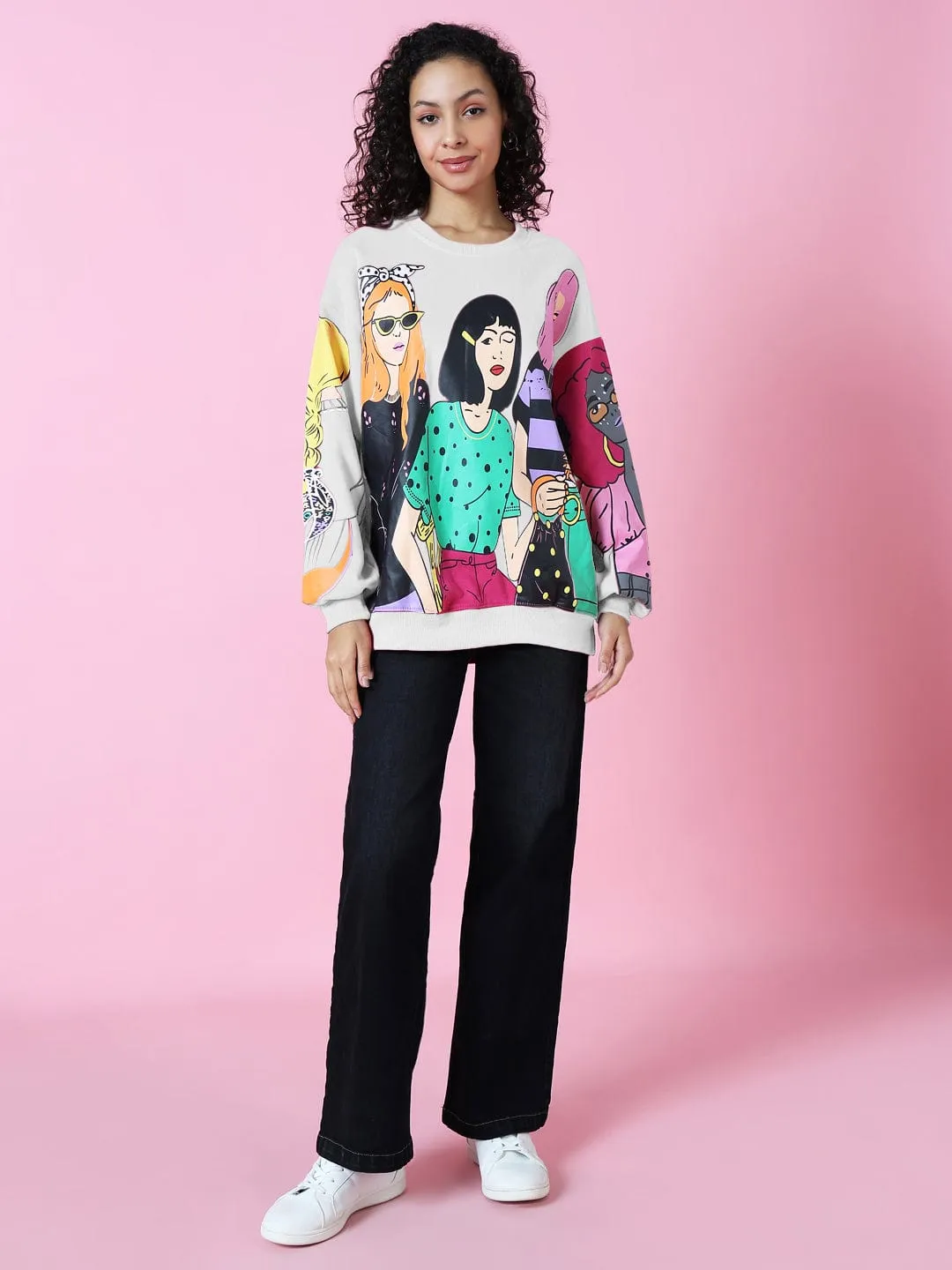 Women's Pop Art Print Pink Oversized Sweatshirt Embroidered Logo Smart Wear