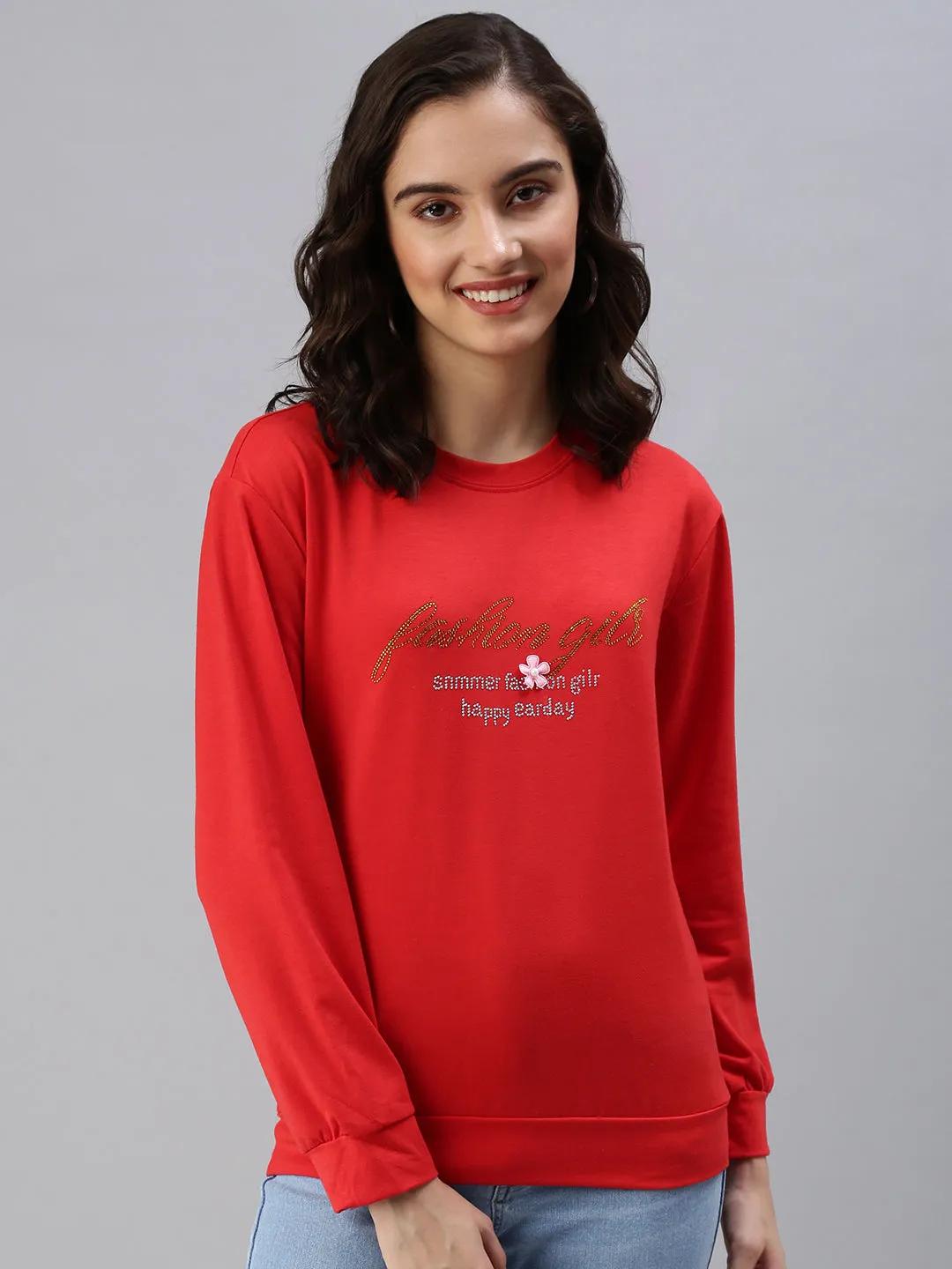 Women's Red Printed Sweatshirt product marketing