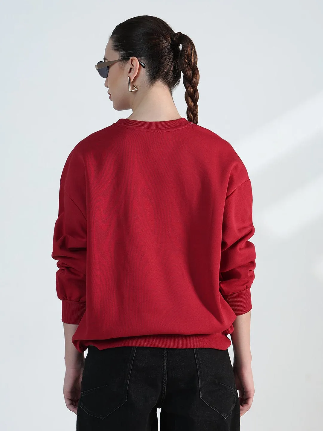product quilted lining comfort family wear Women's Red Round Neck Oversized Sweatshirt