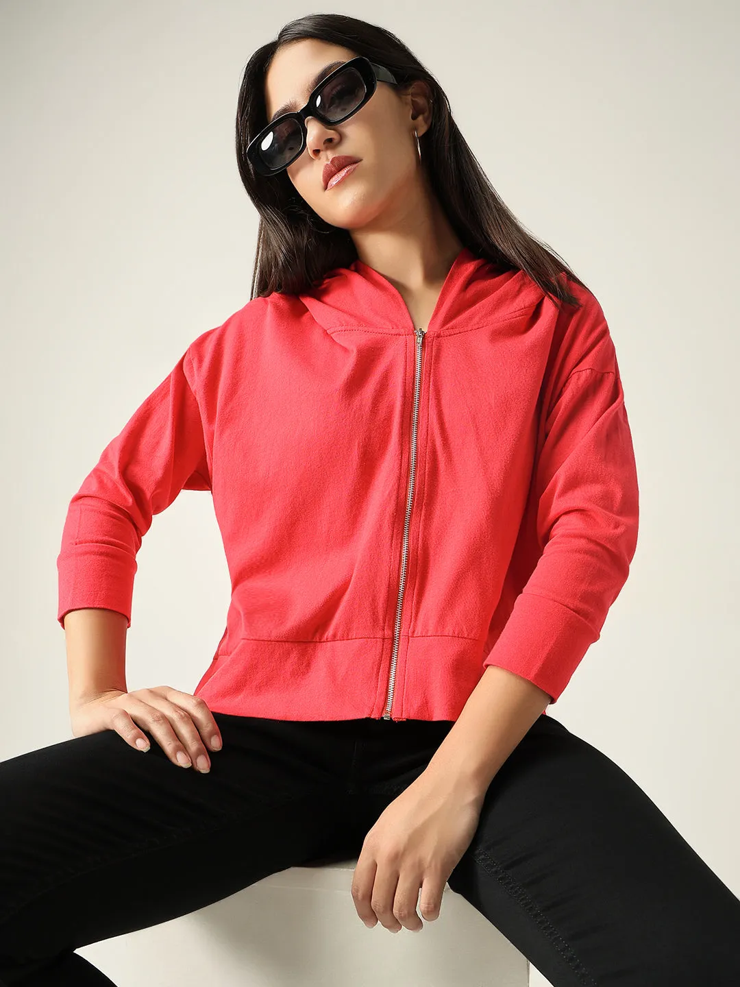 product vacation wear freedom Women's Red Solid Hood Cotton Front-Open Sweatshirt