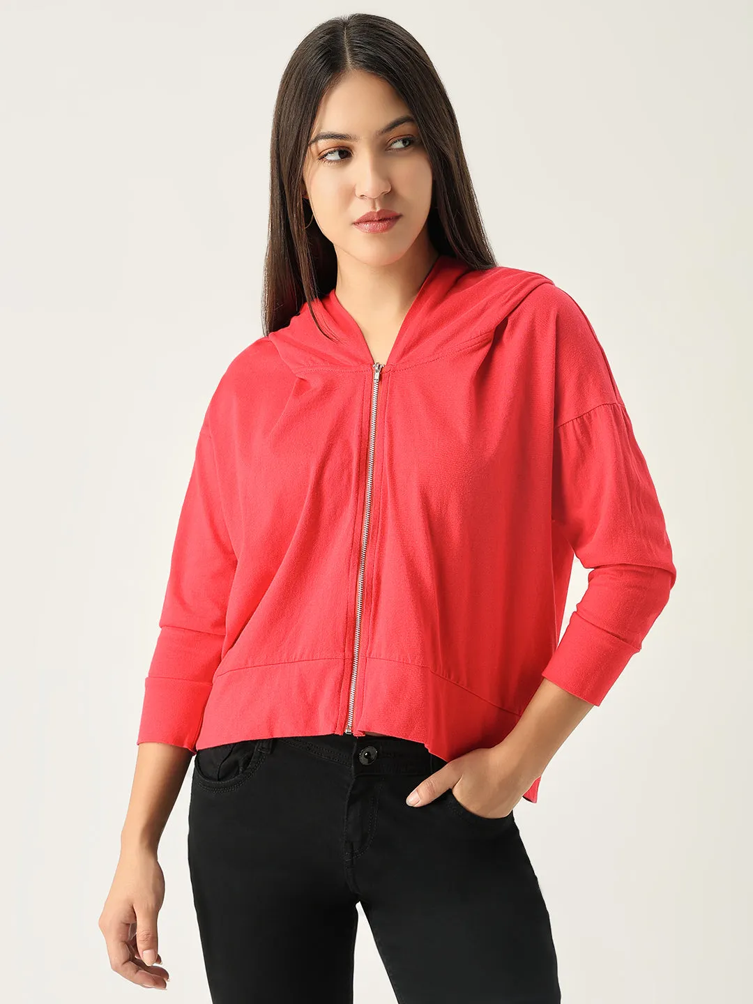 product weekend wearability Women's Red Solid Hood Cotton Front-Open Sweatshirt