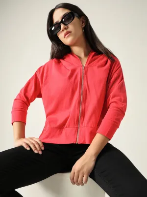 product vacation wear freedom Women's Red Solid Hood Cotton Front-Open Sweatshirt