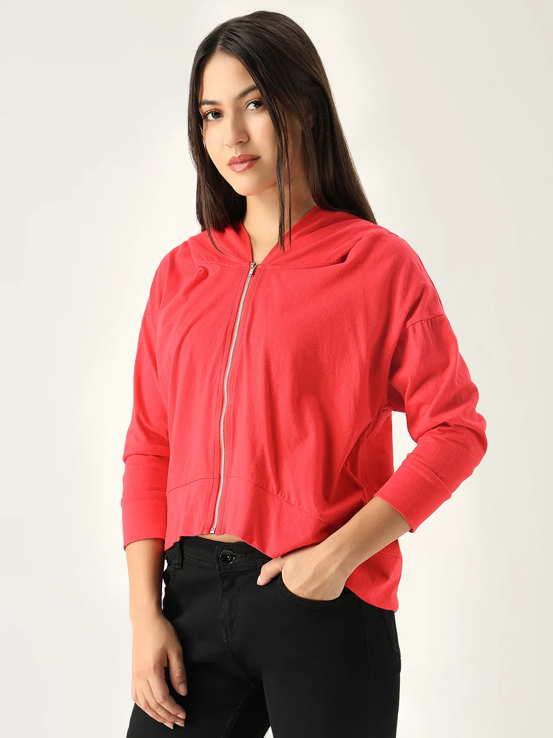 Women's Red Solid Hood Cotton Front-Open Sweatshirt Daily Relaxed