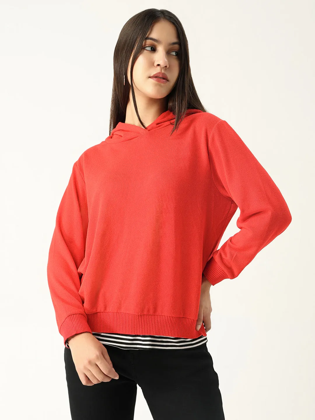 Women's Red Striped Hood Pullover Sweatshirt Muscular Fit Travel Minimal
