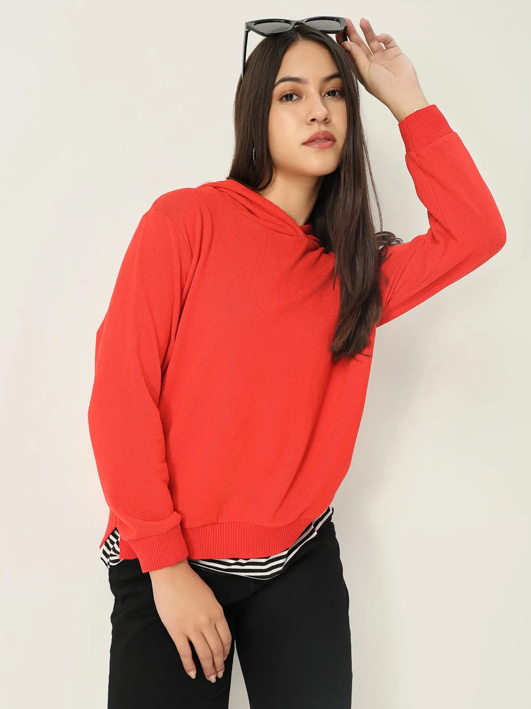 Fitted Shape Women's Red Striped Hood Pullover Sweatshirt