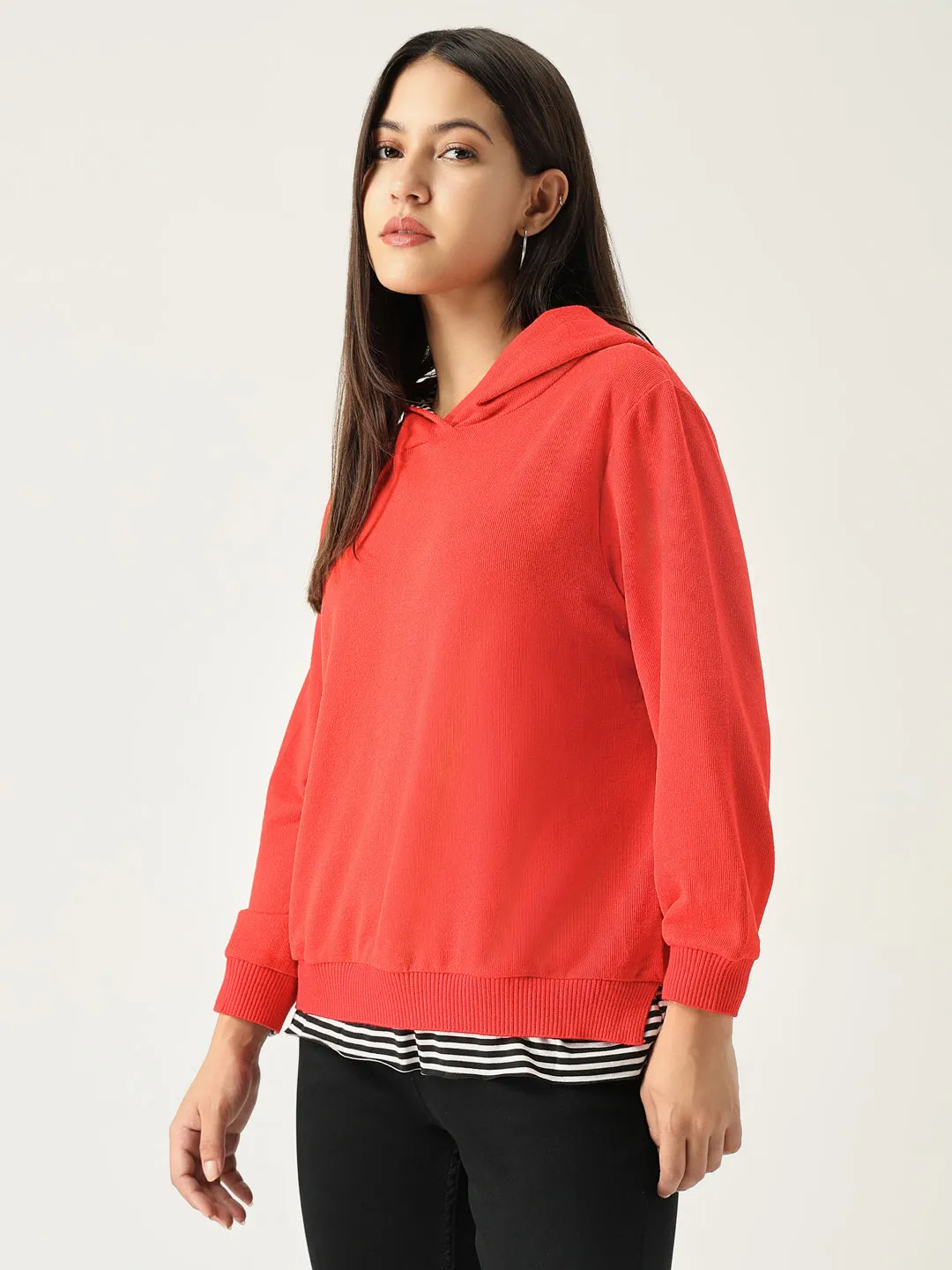 neon colors Women's Red Striped Hood Pullover Sweatshirt