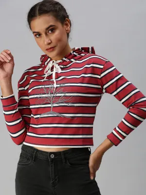 Women's Red Striped Hooded Crop Sweatshirt Street Cool perfect for anniversaries
