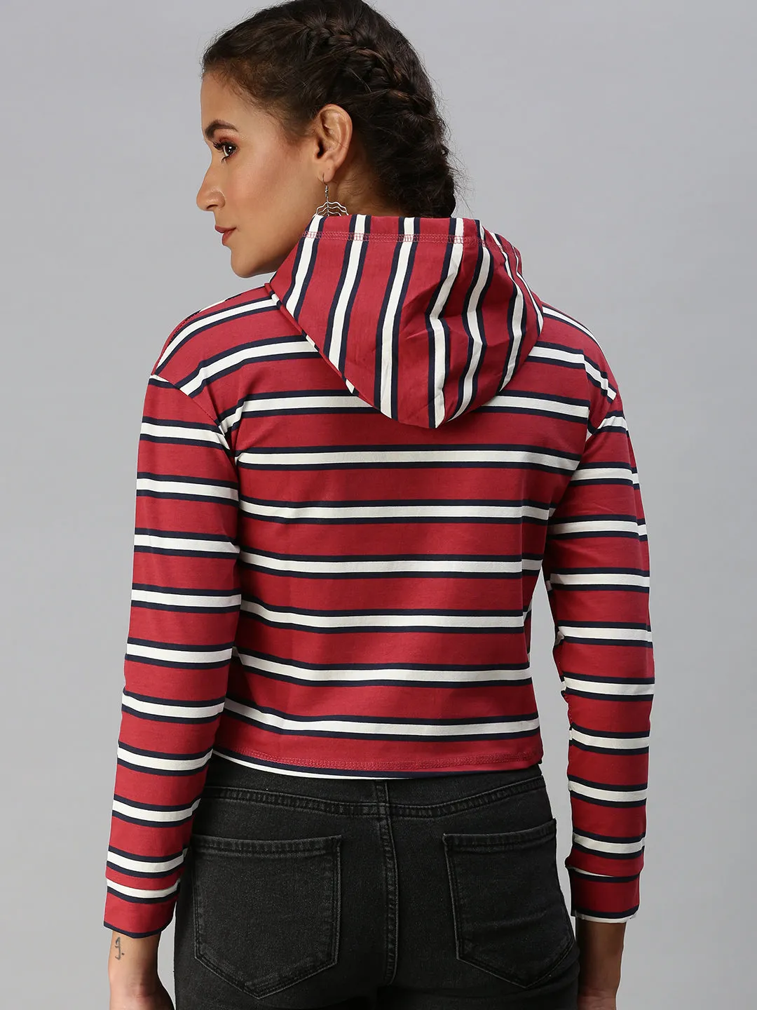 Women's Red Striped Hooded Crop Sweatshirt Ribbed Hem Classic Comfort