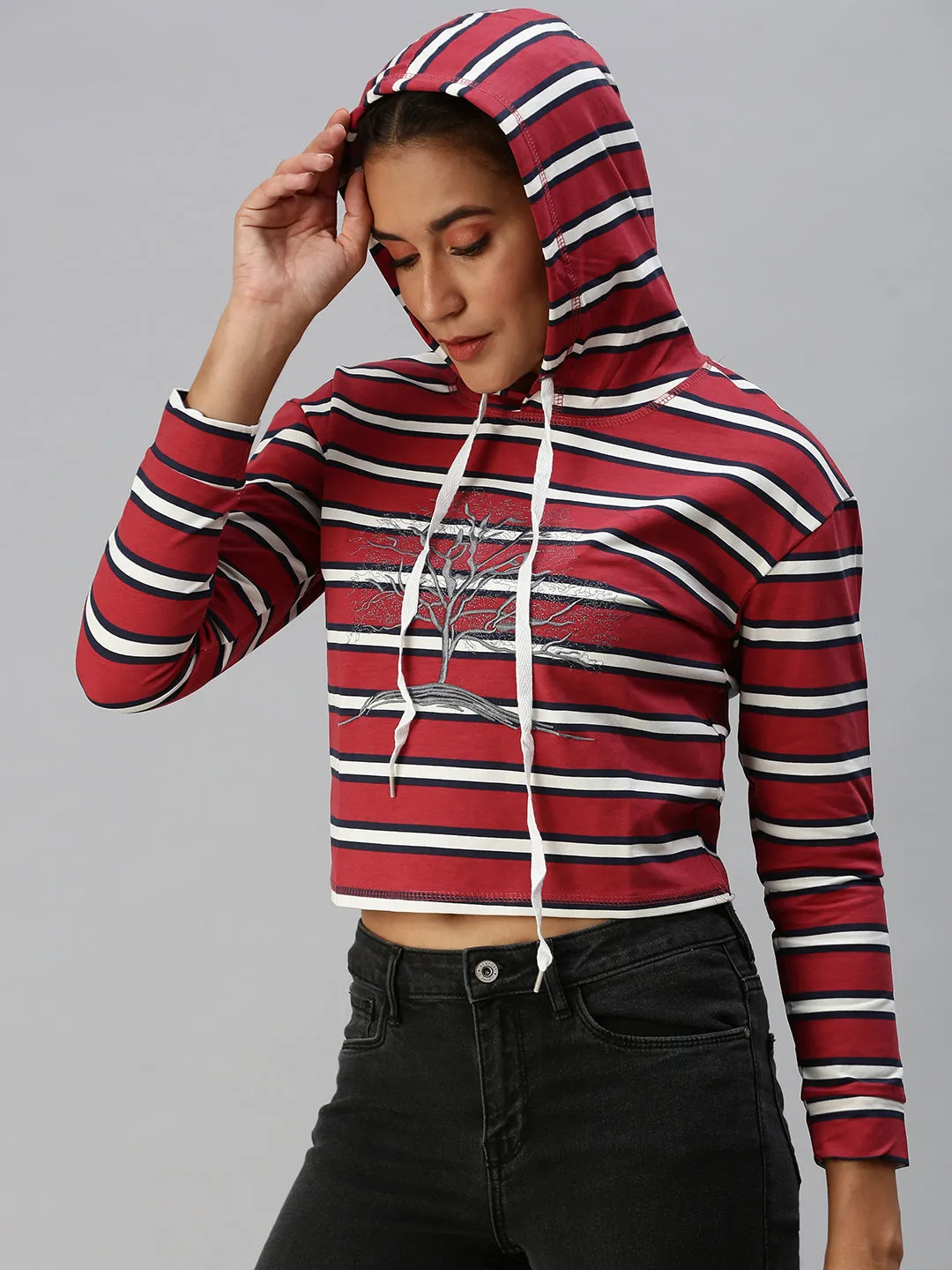 Women's Red Striped Hooded Crop Sweatshirt product concert wear energy