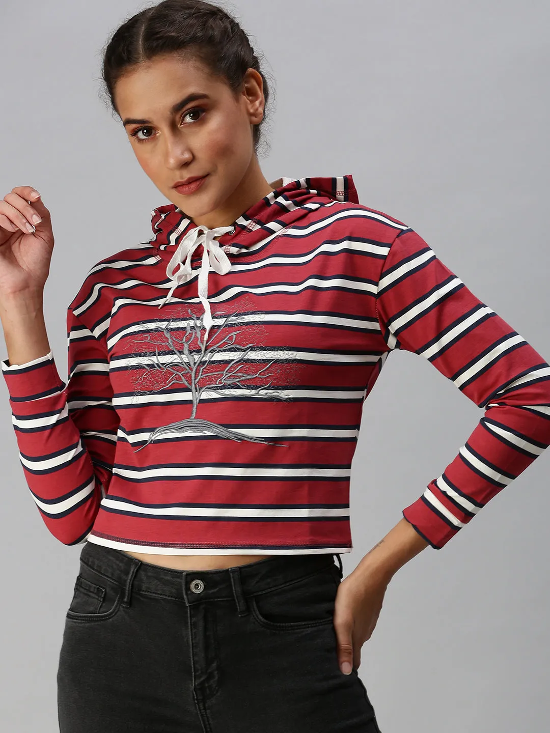 Women's Red Striped Hooded Crop Sweatshirt Street Cool perfect for anniversaries