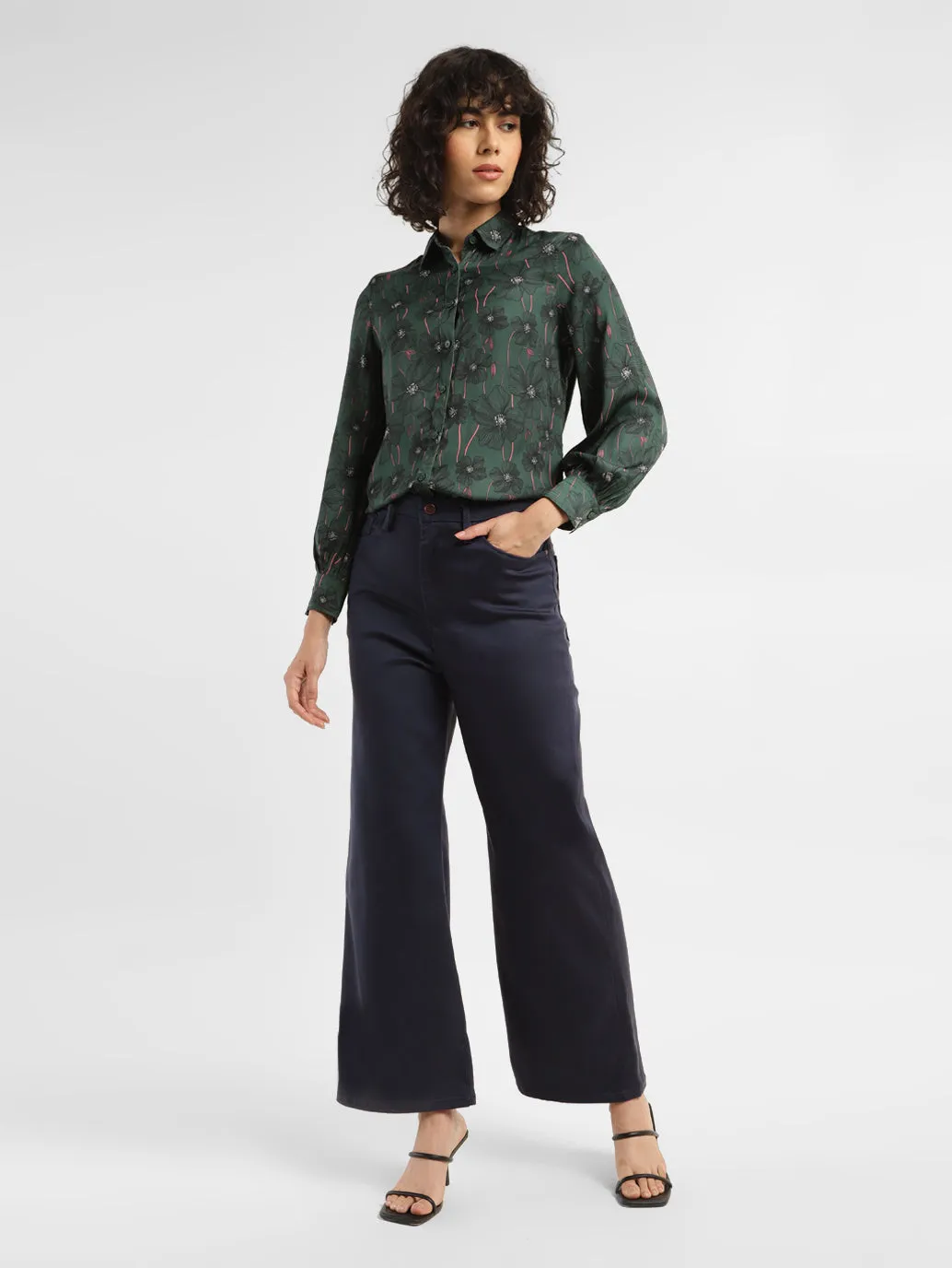 Women's Redloop Navy Blue Ribcage Bell Bottom Wide Leg Fit High Rise Jeans All Day Wear