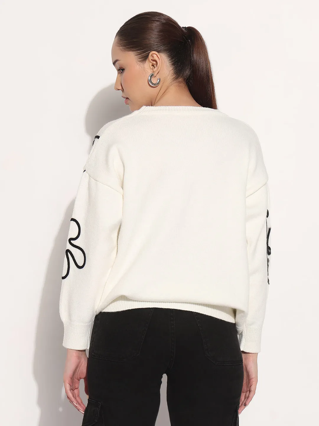 Chic Fit Women's Ribbed White Round Neck Knitted Top