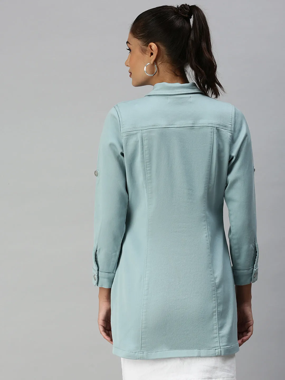 Women's Sea Green Solid Denim Jacket Formal Use