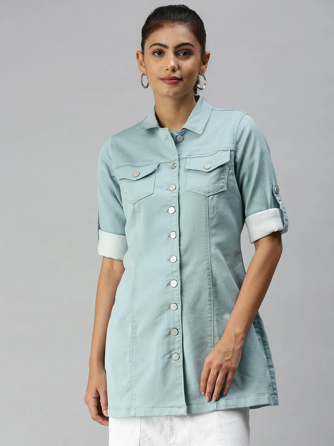 Anti Slip Shoulder Women's Sea Green Solid Denim Jacket