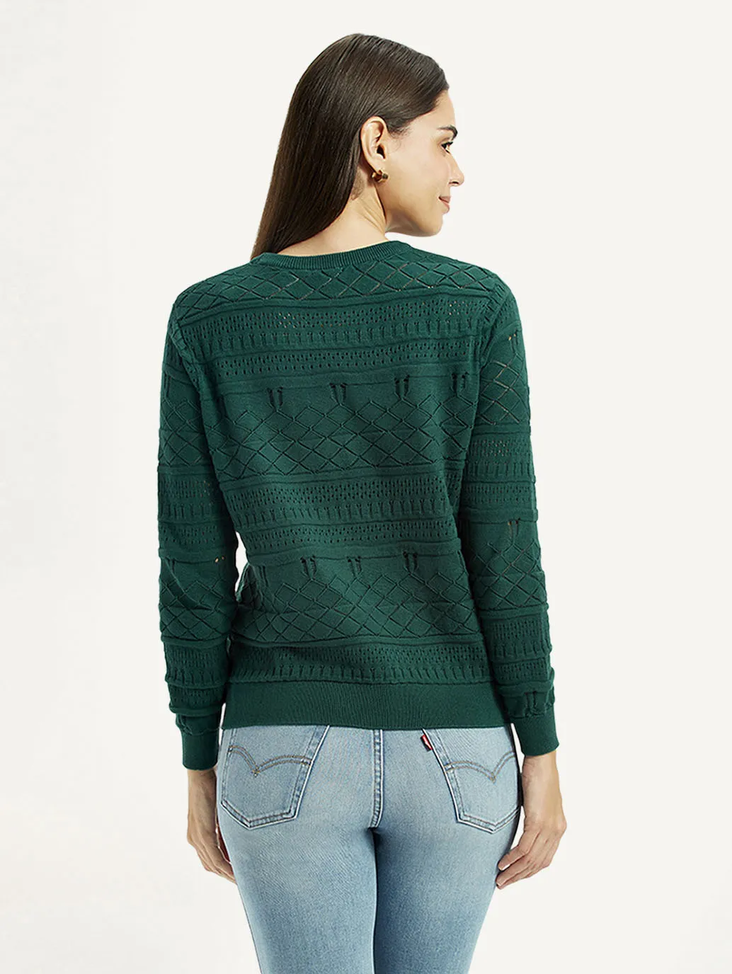 MachineWashable Structure Women's Self-Design Dark Green Crew Neck Sweater