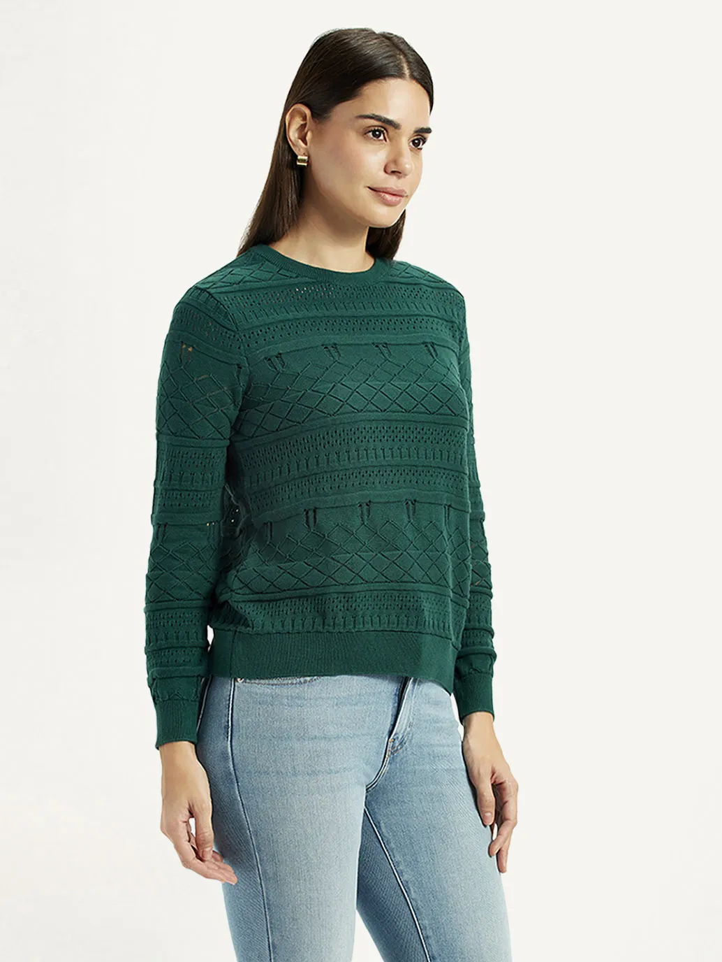 Jacquard Weave Elastic Edging Women's Self-Design Dark Green Crew Neck Sweater