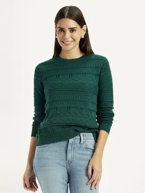 Women's Self-Design Dark Green Crew Neck Sweater Lightweight Thermal Weave All Fit Look