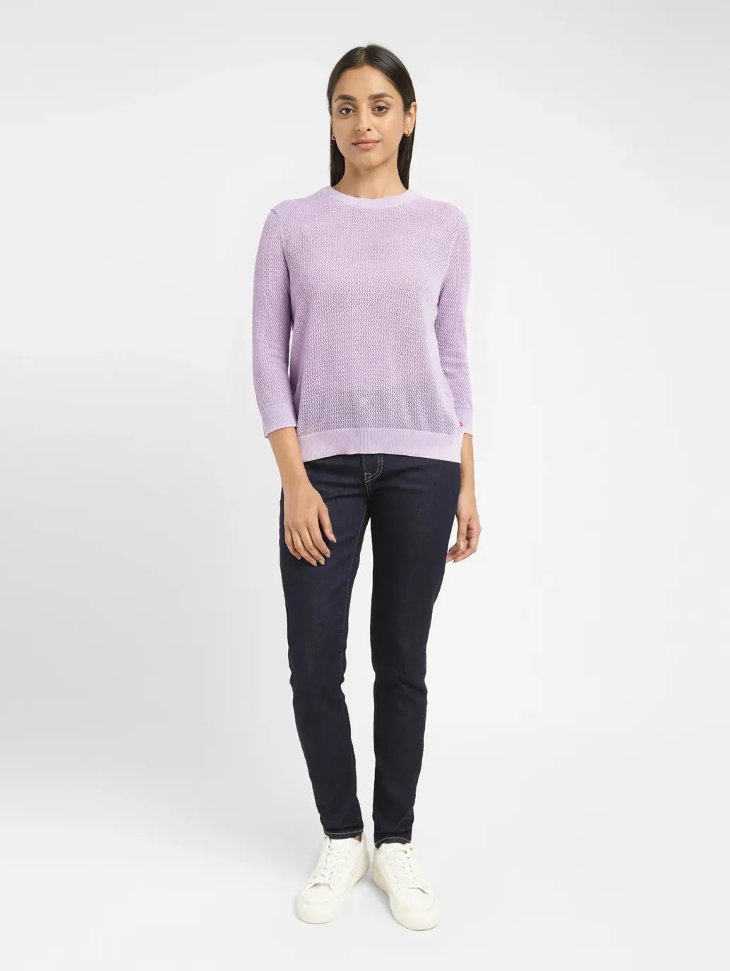 Women's Self Design Lilac Crew Neck Sweater Stain Release Coating Organic Cotton Blend