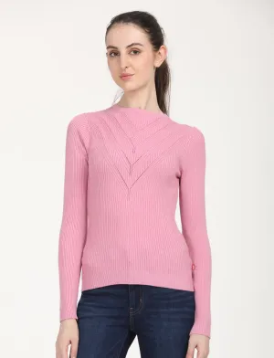 Women's Self Design Pink Round Neck Sweater Early Chill Tonal Stitching Detail