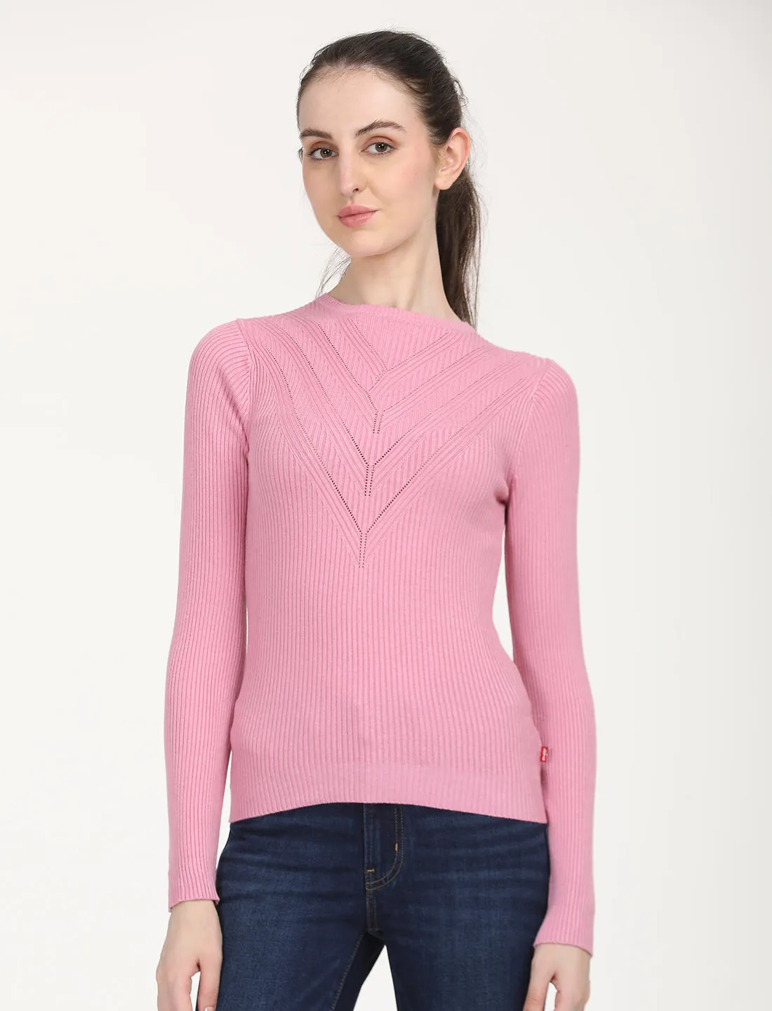 Layer Ready Women's Self Design Pink Round Neck Sweater