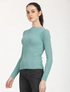 Quiet Tone Women's Self Design Turquoise Round Neck Sweater