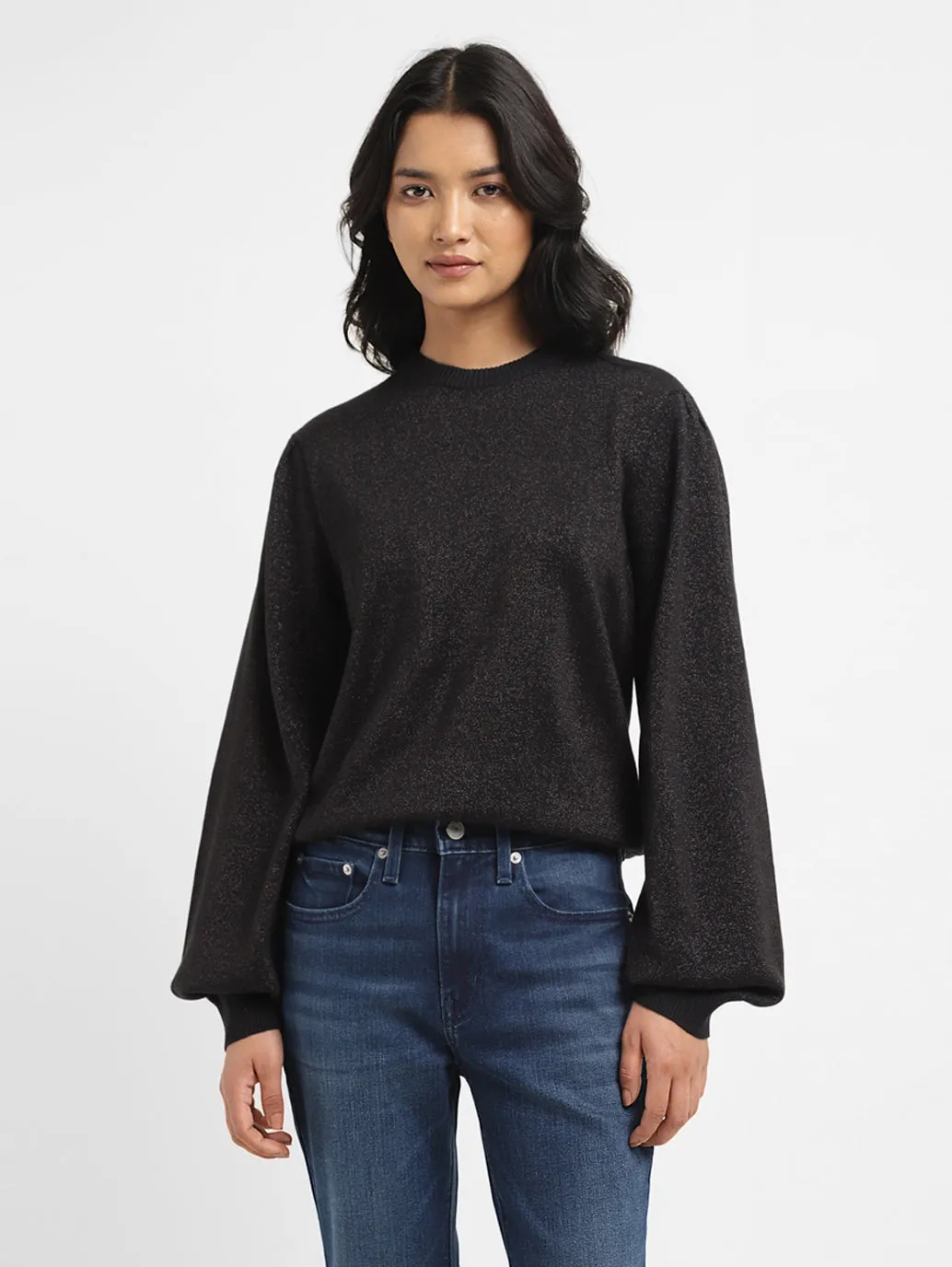 Women's Solid Black Crew Neck Sweater Versatile Comforted FadeResistant Dye