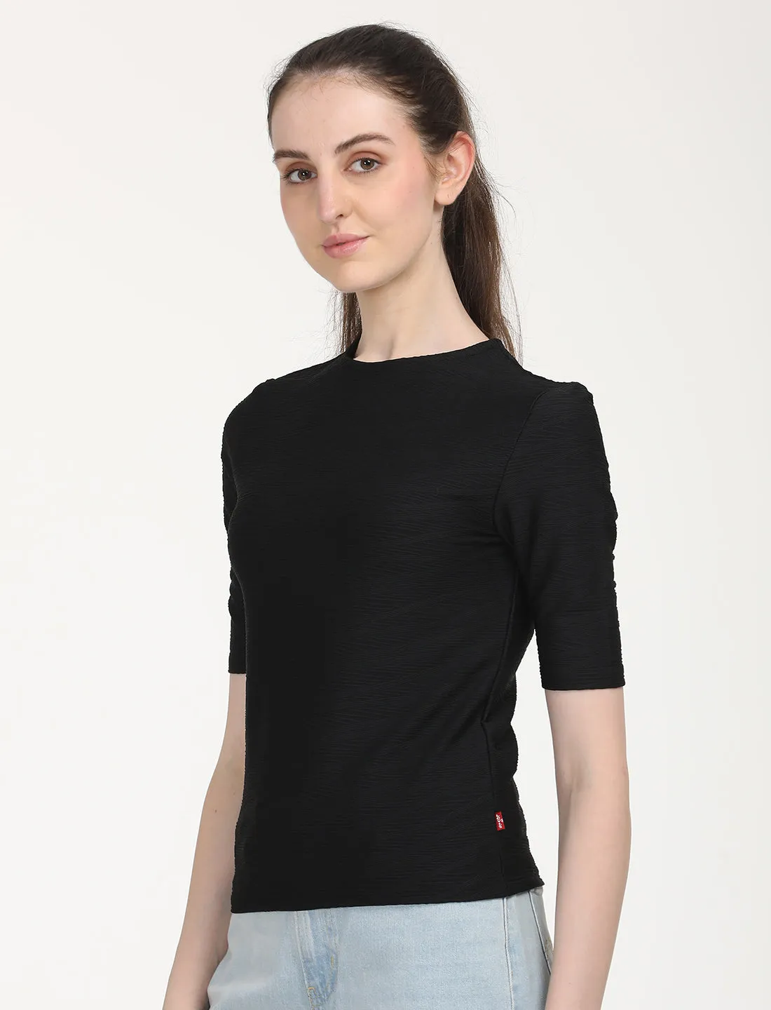 Inner Layer Garment Dyed Process Women's Solid Black Round Neck Sweater