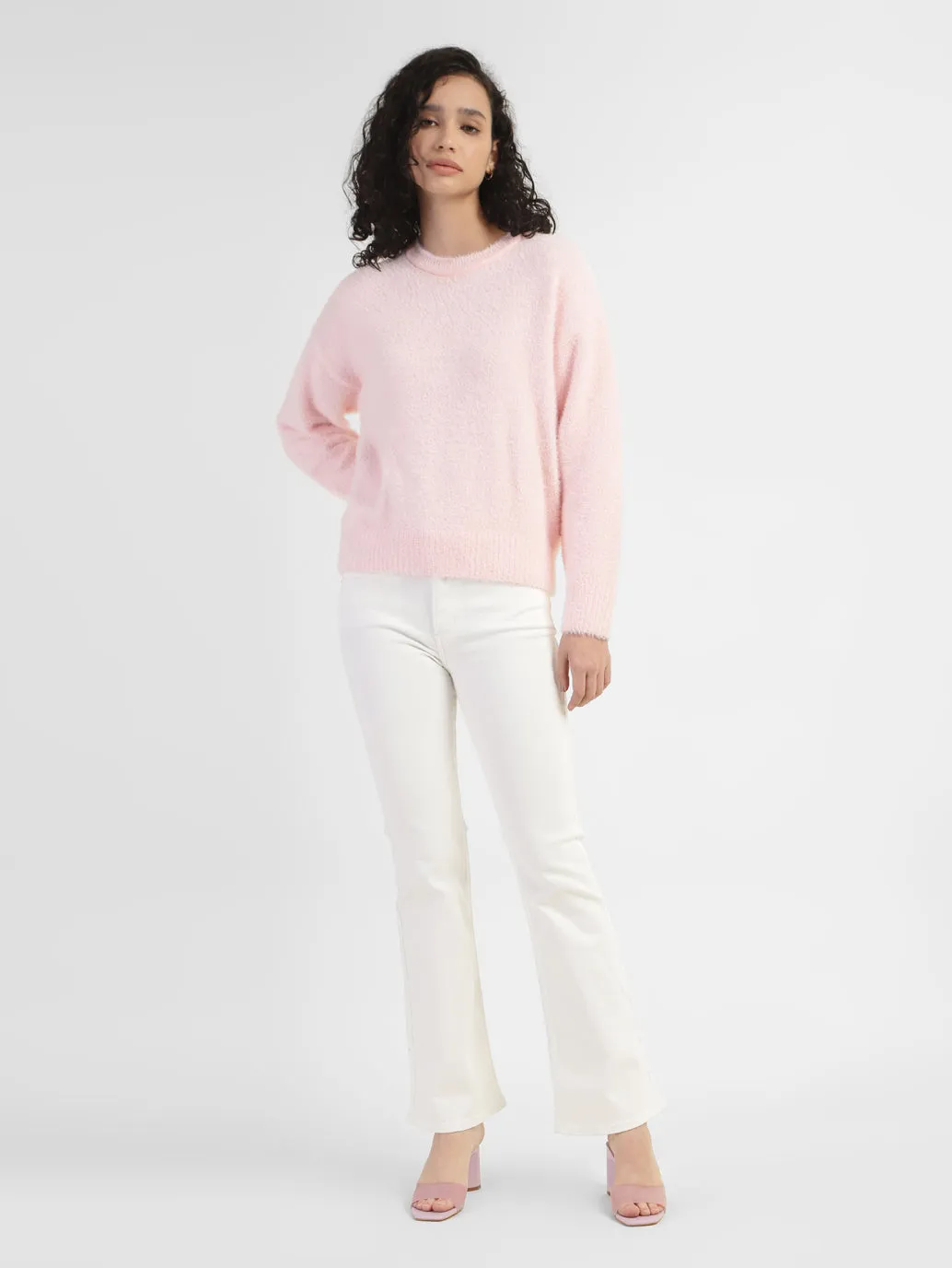 Women's Solid Crew Neck Sweater Pink Luminous Thread Accents