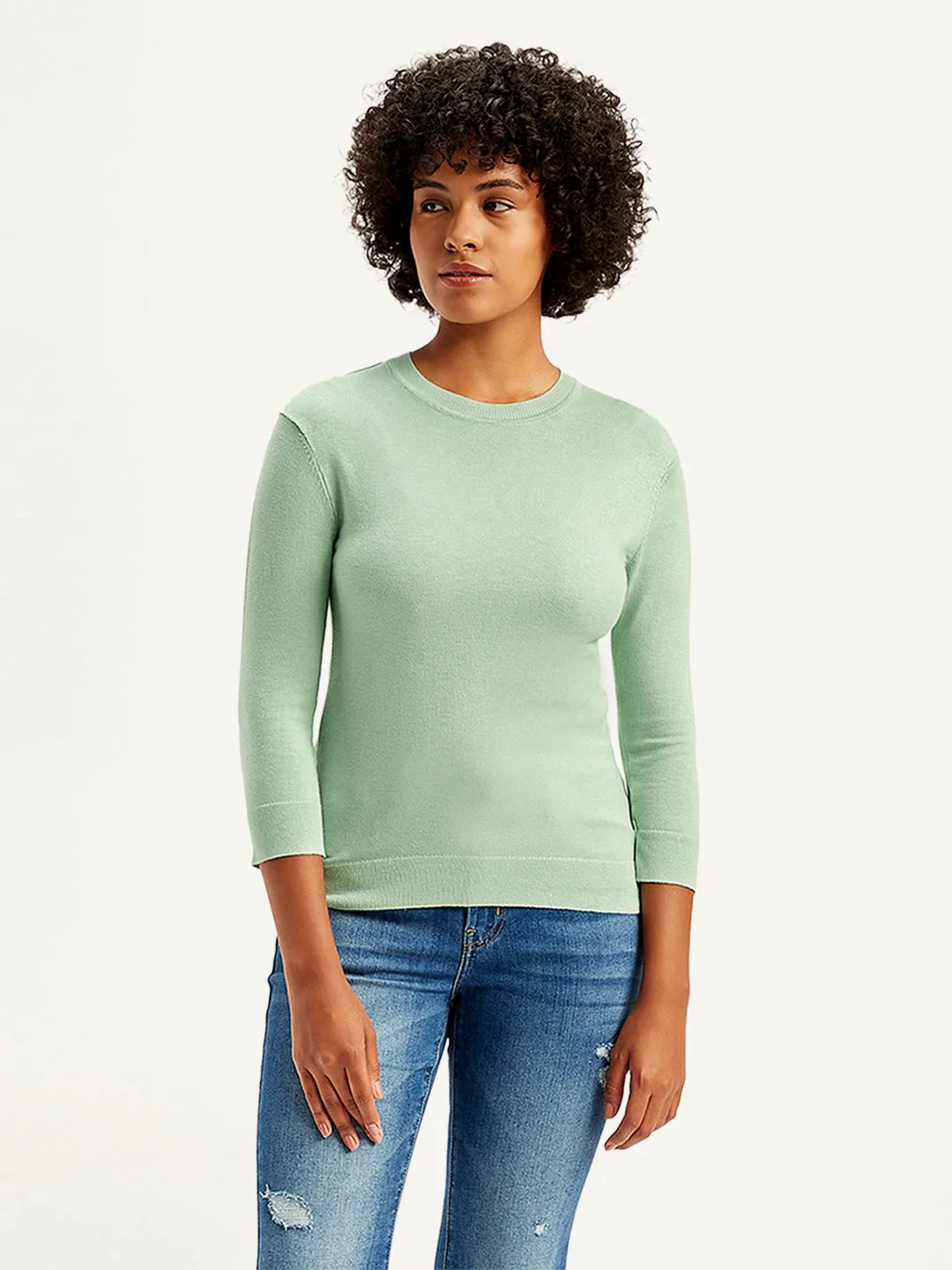 Women's Solid Green Crew Neck Sweater Casual Comfort Flexible Neckline