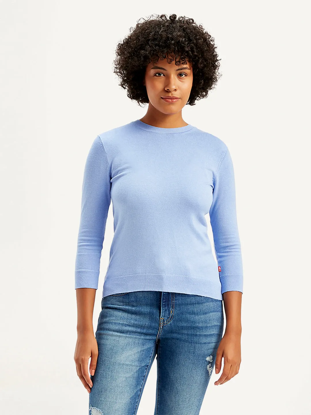Off Duty Look Women's Solid Light Blue Crew Neck Sweater