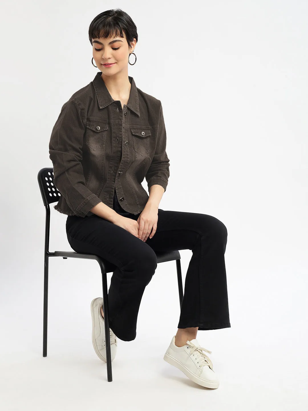 YKK Fasteners Women's Spread Collar Brown Solid Denim Jacket